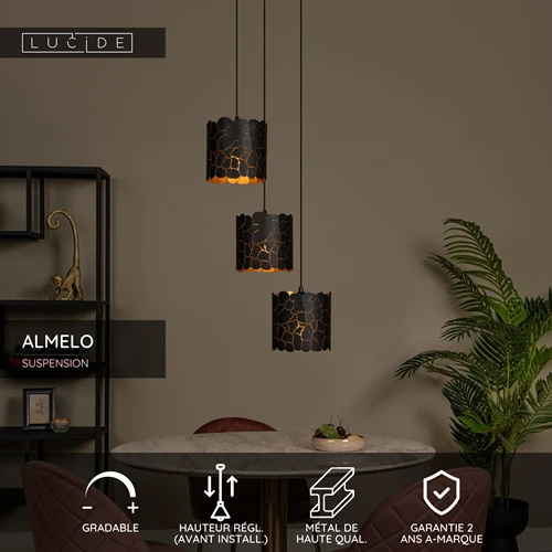 Lucide ALMELO - Suspension - 3xE27 - Noir - USP